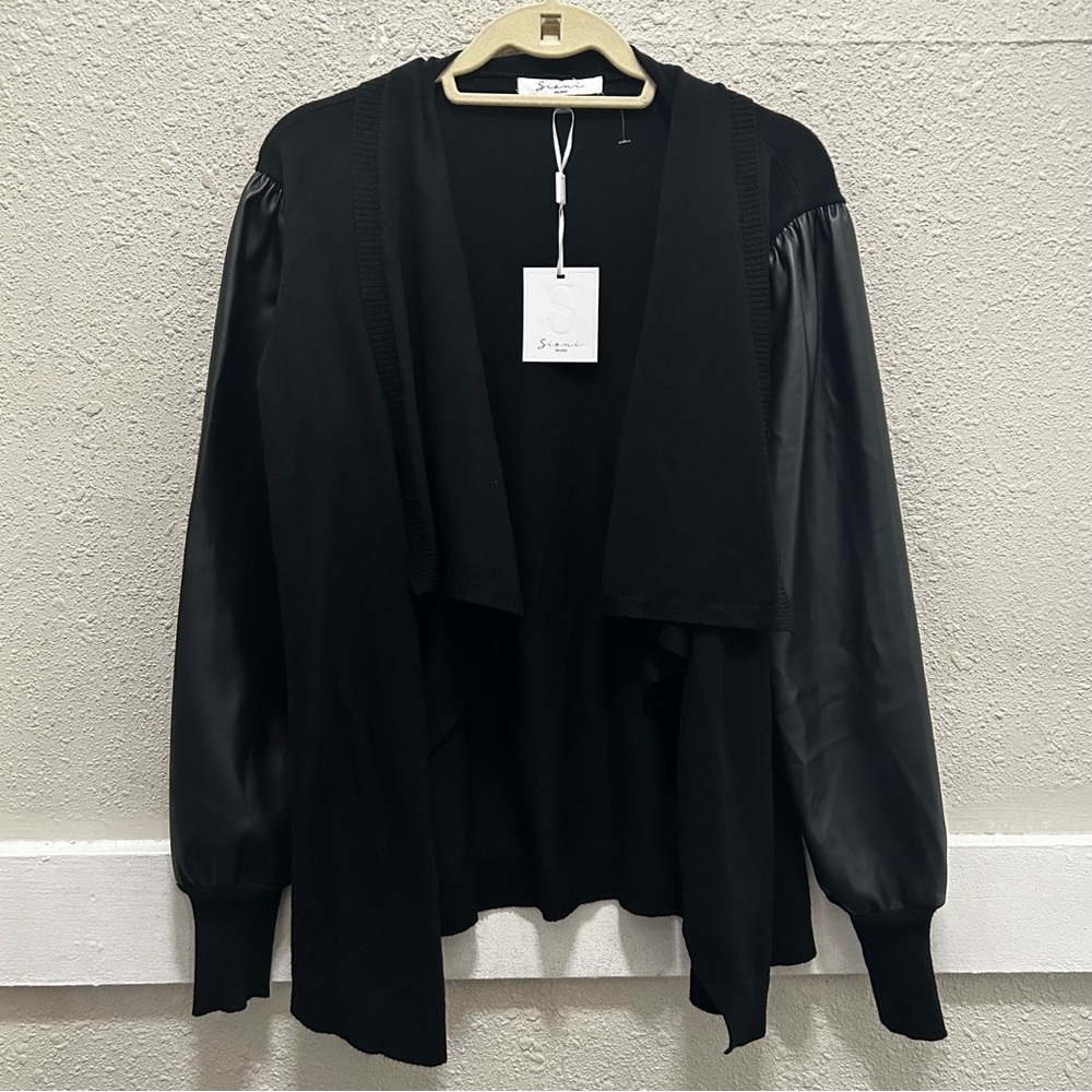Sioni Milano Faux Leather Sleeve Waterfall Black Cardigan NWT (Small Flaw) M